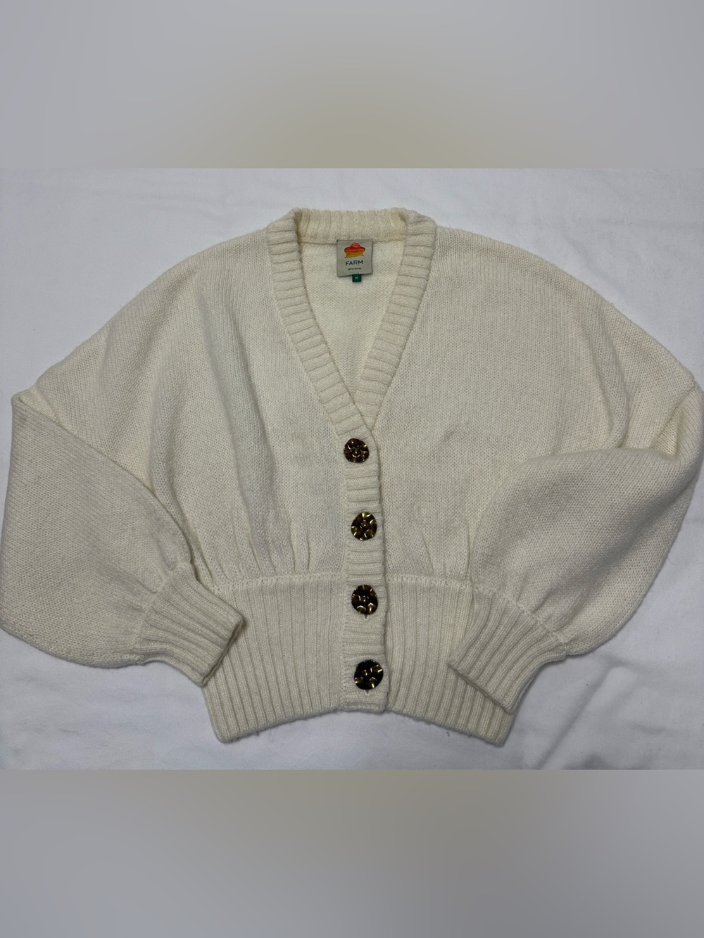 FARM RIO Cream Cropped Button-Front Women's Sweater Cardigan with metal buttons